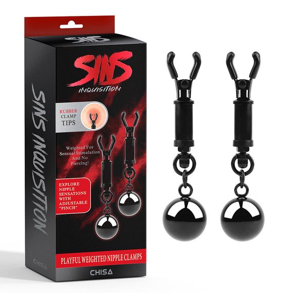 Зажимы для сосков Chisa Sins Inquisition Playful Weighted Nipple Clamps с грузиками, черные Sex Aura