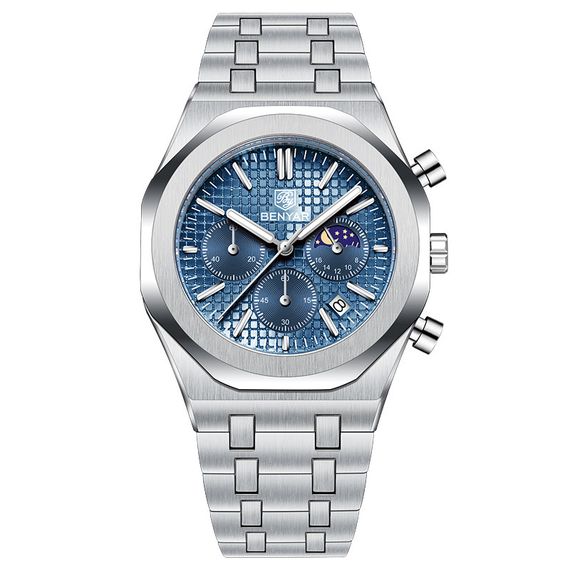 Чоловічий годинник Benyar BY-5228M Silver-Blue з хронографом та індикатором фаз Місяця