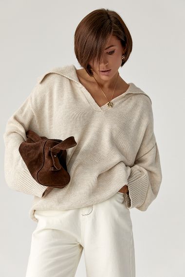 В'заний светр-поло вільного крою - бежевий цвет, ONE SIZE (є розміри)