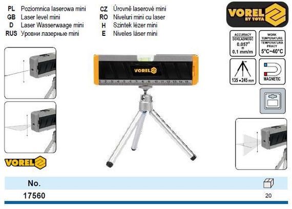 Уровень лазерный Польша мини L=170 мм штатив VOREL-17560