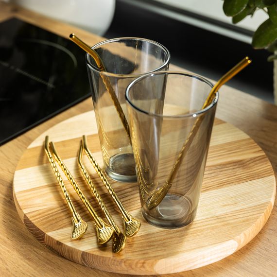 Набір багаторазових ложок-трубочок 6 шт для напоїв 19,5 см з щіткою Золотистий HP-20-56 | Зображення 1