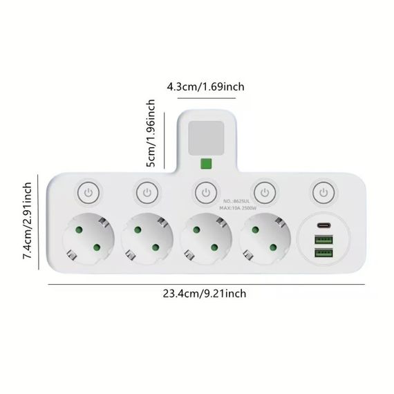 Мережевий фільтр-розгалужувач 2500W, 4х220V, 2xUSB, 1хType-C, 8625UL, Білий/Настінний трійник із підсвіткою | Зображення 2
