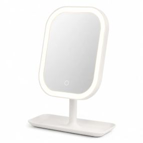 Настільне дзеркало для макіяжу KAR192 з LED-підсвіткою біле • Акумуляторне косметичне дзеркало KAR192 із сенсорним керуванням, 3 режимами світла та органайзером