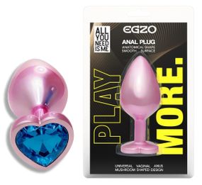Анальная пробка EGZO Pink Perl Heart Plug S, розовая металлическая с синим кристаллом Sex Aura