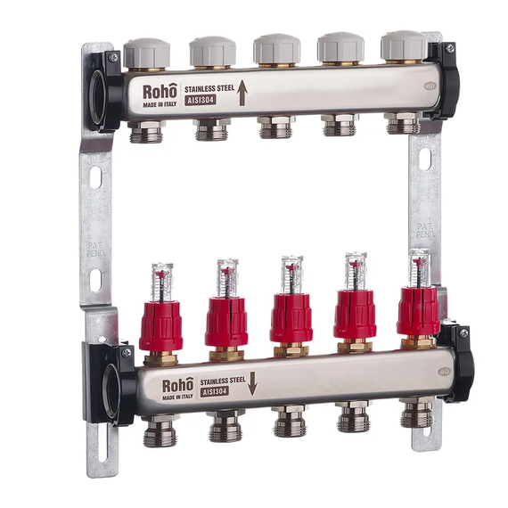 Коллектор с расходомером и термостатическими клапанами Roho R804-05 - 1"х 5-ти вых. (RO0037)