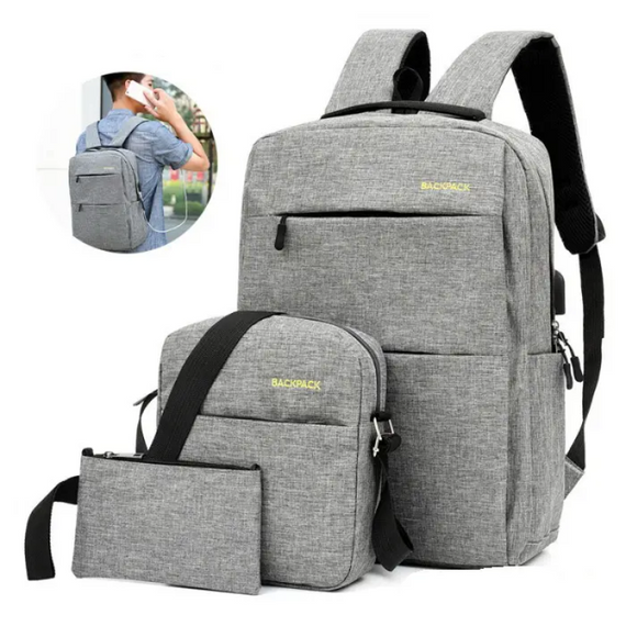 Рюкзак 3в1 з USB міський із сумкою й гаманцем, універсальний комплект для повсякденного використання