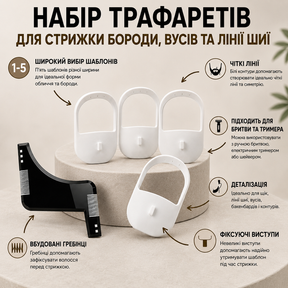 Набір трафаретів та шаблонів для стрижки бороди, вусів та лінії шиї (6 в 1) — гребінець-направляюча під тример і бритву | Зображення 3