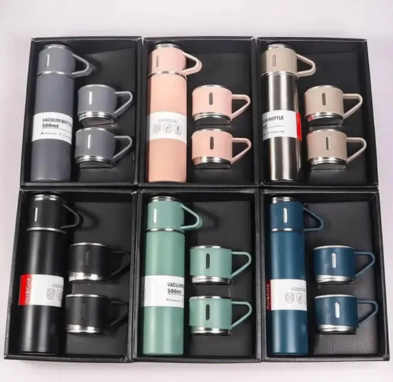 Вакуумний термос з нержавіючої сталі Vacuum Flask Set 500 мл із чашками в комплекті 3* 150 мл ∙ Подарунковий набір 3 в 1 | Зображення 1