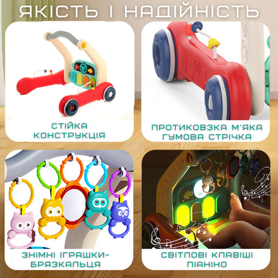 Детский Многофункциональный Развивающий Коврик Ходунки 2в1 с Музыкой + Съёмное Пианино + Погремушки для Самых Маленьких | Зображення 4