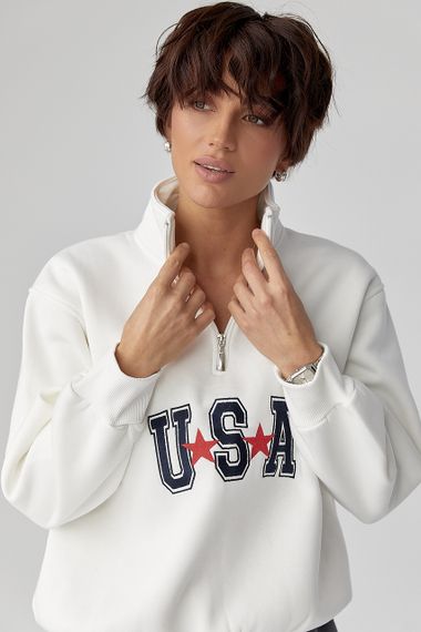 Теплий світшот з блискавкою на комірі - молочний цвет, M (є розміри) | Зображення 3