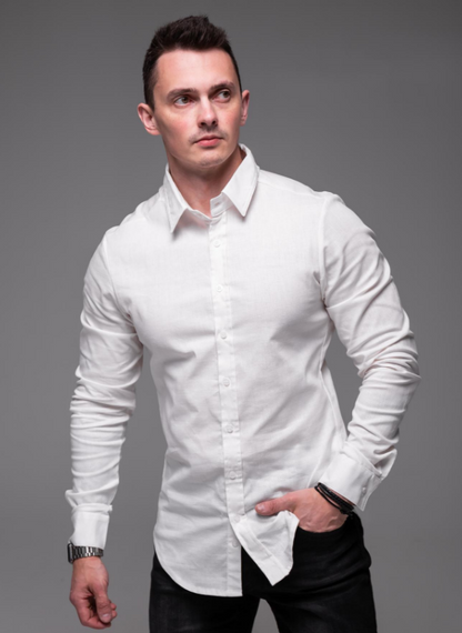 Мужская льняная рубашка с длинным рукавом на пуговицах цвет белий, размер XL  RA2389