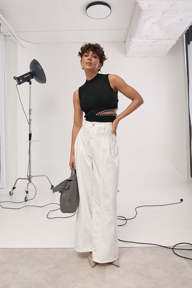 В'язана майка з високою горловиною і розрізом на талії - чорний цвет, ONE SIZE (є розміри) | Зображення 2