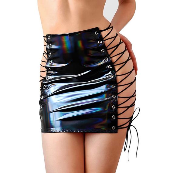 Лакована спідниця на шнурівці Art of Sex - Molly, колір чорний з ефектом голограми, XS-M