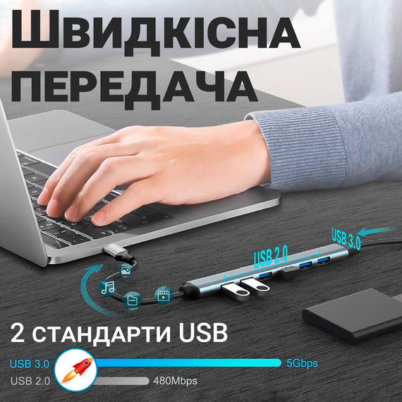 USB-хаб, концентратор / разветвитель для ноутбука Addap UH-04, на 7 портов USB 3.0 + USB 2.0, Gray | Зображення 7