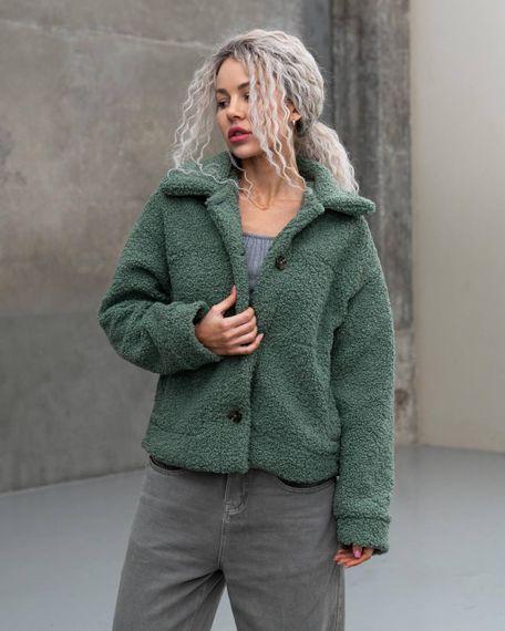 Женская короткая куртка мех Тедди, MN0002  цвет оливковый, размер S