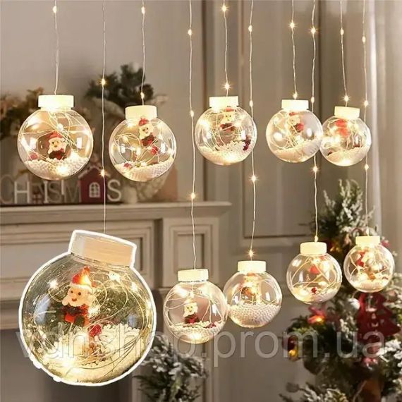 Гирлянда занавес штора Шары с наполнением Дед Мороз, 3м, 10 шаров LED USB | Зображення 3