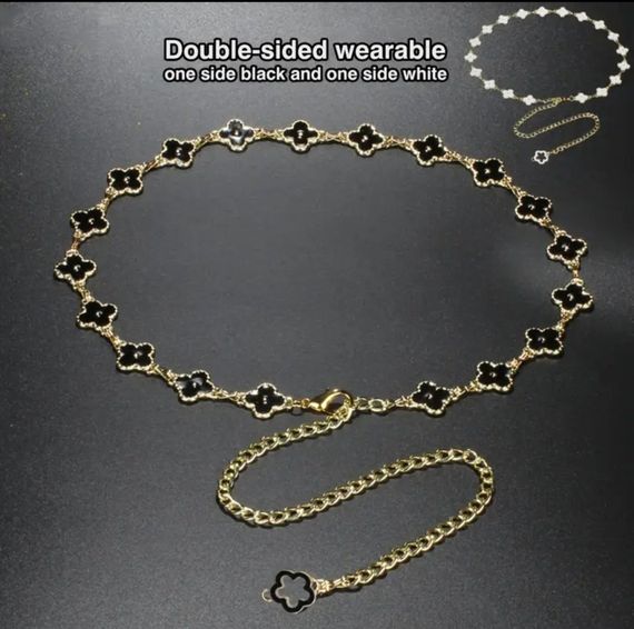 Стильний пояс ланцюжок двосторонній чотирьохлисник gold black/white | Зображення 3