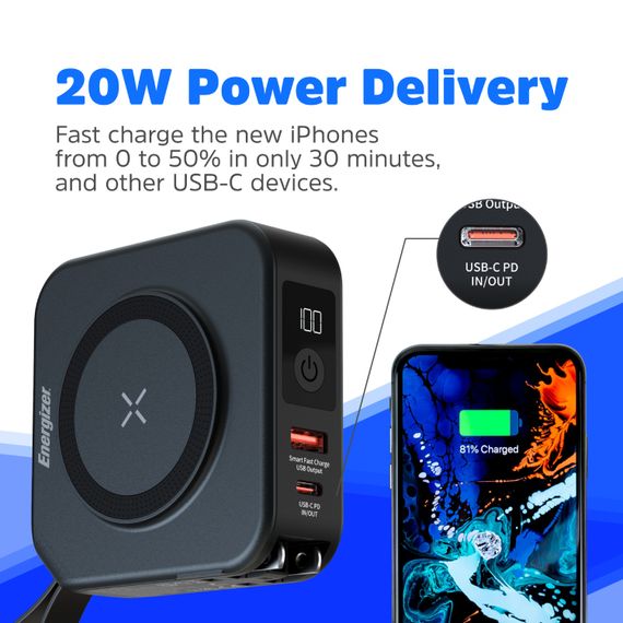 УМБ Energizer Magnetic Wireless 10000mAh 20W PD,AC зарядка,QI-15W, built-in USB-C,USB-А,USB-C In/Out | Зображення 6