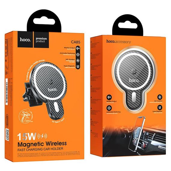 Автотримач HOCO СА85+ Wireless Charging 15W, кріплення на решітку, магніт, Black | Зображення 4