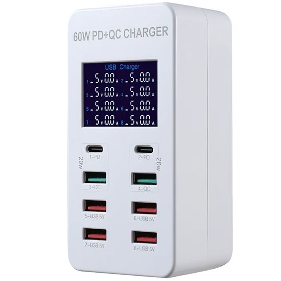 Мережевий зарядний пристрій на 8 роз'ємів Addap WLX-A8T: Type-C + USB-A із підтримкою PD 3.0 та QC 3.0 швидкої зарядки | Зображення 1