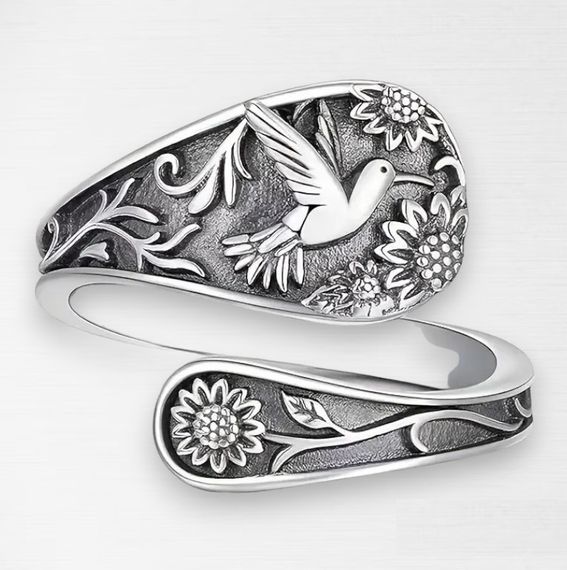 Вінтажна жіноча каблучка Ретро Колібрі та Соняшник срібляста безрозмірна