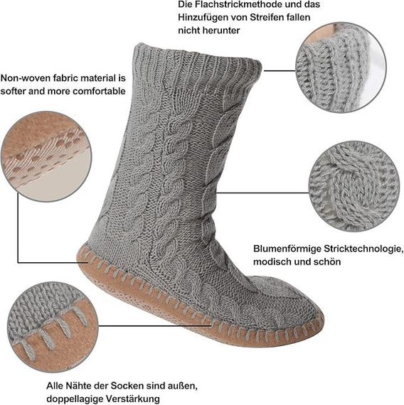 Носки тапочки теплые толстые с антискользящей подошвой, высокие вязаные для дома, домашняя зимняя обувь, серые | Зображення 1