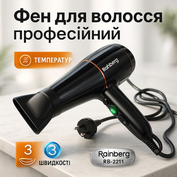 Фен електричний з насадками, Фен з регулюванням температури і потоку повітря Потужний для волосся HI-87