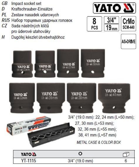 Набор головок ударных YATO Польша торцевых глубоких 3/4" М22-41 l=50-57 мм YT-1115