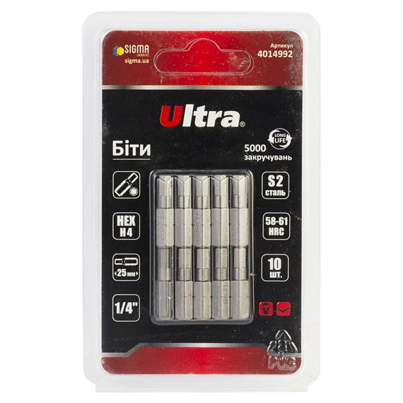 Набір біт Ultra HEX 4×25мм ¼" 10шт S2 (блістер) 4014992