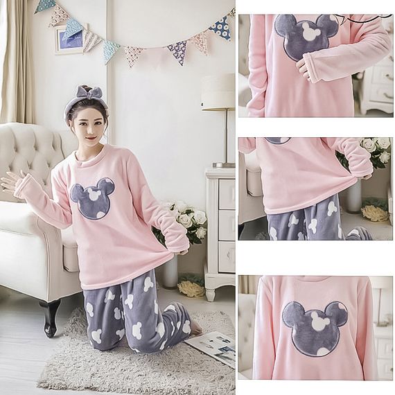 Женская пижама Lesko Mickey Mouse Pink + Gray L теплая зимняя для дома | Зображення 8