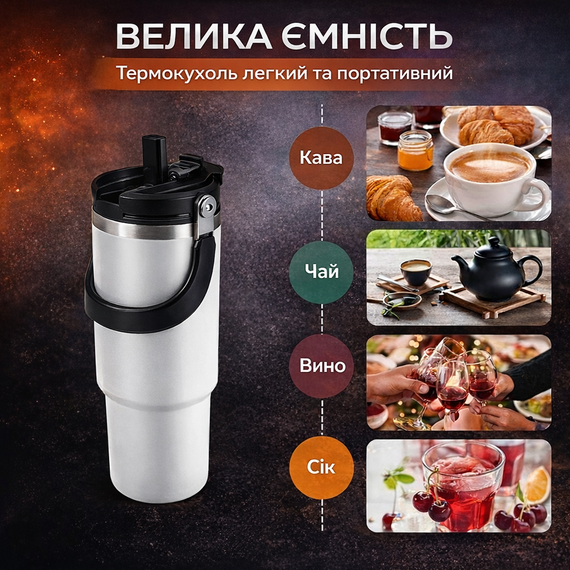 Термокружка вакуумная из нержавеющей стали с ручкой 750 мл Белая – для авто и спорта | Зображення 6