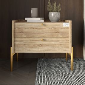 Тумба приліжкова LION Wood з двома шухлядами Дуб Сонома Трюфель (золоті ножки) (LION-041353)