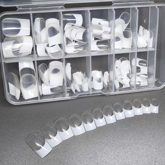 Гелевые типсы для наращивания френч 120шт (короткий квадрат) в боксе