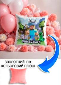 Подушка плюшева Мерч Крафт Дизайн з принтом minecraft 3 імя Єва рожевий плюш квадратна 33х33 см