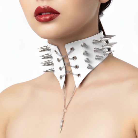 Чокер комір з шипами Art of Sex - Ariadne, натуральна шкіра, колір білий, XS-M | Зображення 1