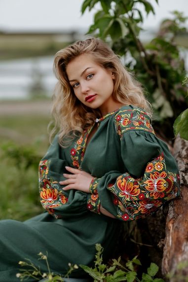 Плаття вишиванка в підлогу довге льон зелене | Зображення 3