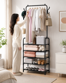 Вішалка для одягу з полицями для взуття Clothes Rack Up / Металева підлогова стійка 170×60×26 см