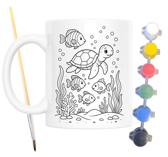 Набір для творчості кружка розмальовка Черепаха та рибки 330 мл біла (КР0160) | Зображення 1
