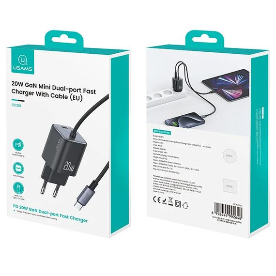 СЗУ Usams US-CC261 GaN JC Ser. 20W (2USB-C) + кабель Type-C to Type-C Black | Зображення 3