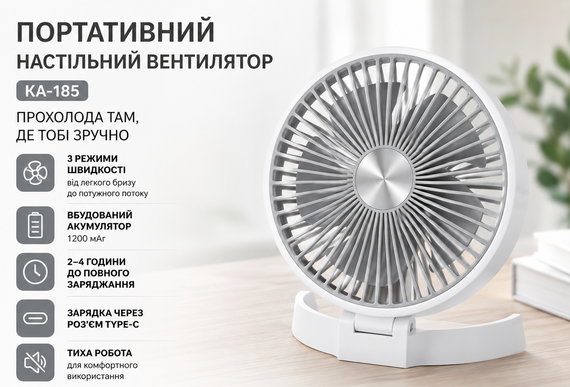 Настольный вентилятор трансформер Fan КА-185 портативный на аккумуляторе 1200 мАч 3 скорости с наклоном 1,5 Вт Белый | Зображення 3
