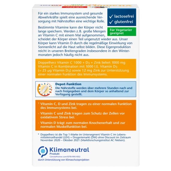 Імунний комплекс Доппельгерц Вітамін С 1000 мг. + D3 1000 м.о. + Цинк Doppelherz Vitamin C 1000 + D3 + Zink | Зображення 3