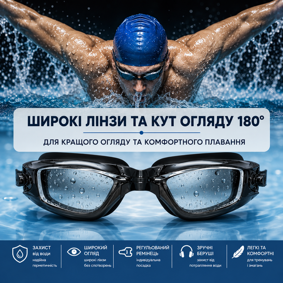 Набір для плавання RANZANA 6 в 1: Дзеркальні окуляри з берушами, Шапочка, Затискач для носа, Чохол, Чорний | Зображення 6