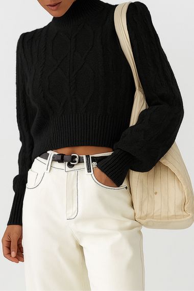 Короткий в’язаний светр з косичками - чорний цвет, ONE SIZE (є розміри) | Зображення 1