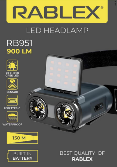 Ліхтар налобний Rablex RB951 - потужне світлодіодне, комбіноване світло, 2хXPL+16хCOB+1хRED COB, червоне+біле світло, акумулятор, Type‑C | Зображення 2
