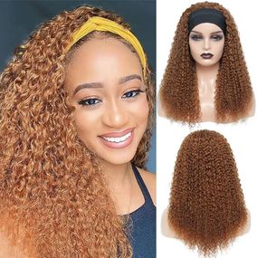 Перука кучерява Ladiary 50 см з натурального волосся з пов'язкою, світло-руда, густа, без клею, міні-афро