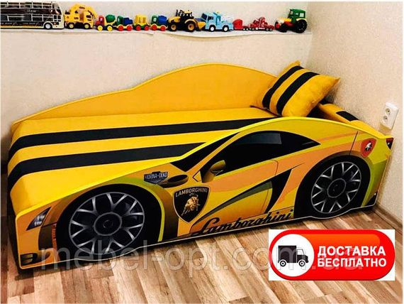 Кровать машинка серия Элит модель Lamborghini желтая со спортивным матрасом и подушкой