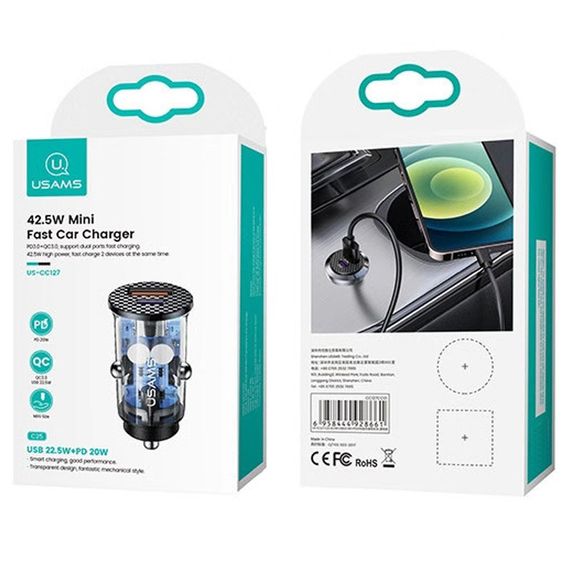 АЗУ Usams US-CC127 C25 42.5W + PD 20W Mini Прозрачный / Черный | Зображення 3