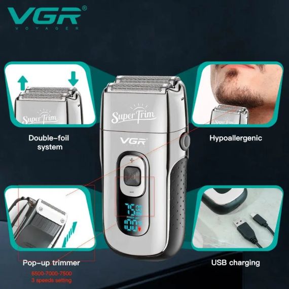 Бритва VGR V 332 Silver / Шейвер сеточный на USB / Электробритва с двойным лезвием и триммером | Зображення 9