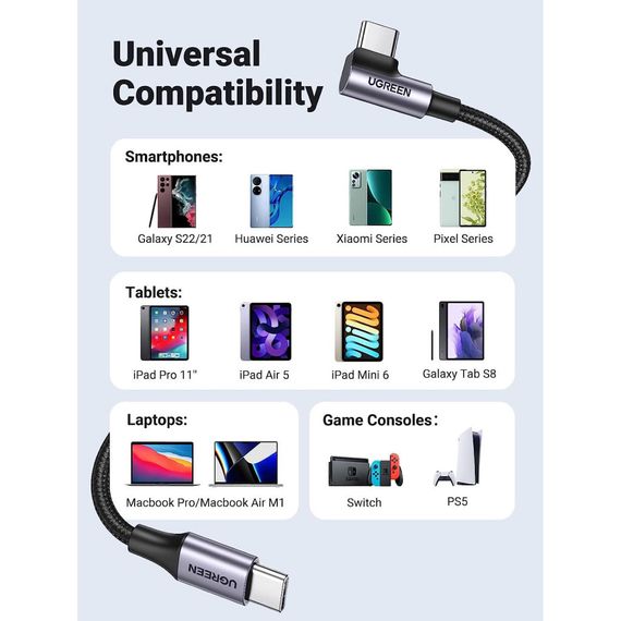 Дата кабель USB-C to USB-C 3.0m 60W US255 90-degree Angle Black Ugreen (80714) | Зображення 6