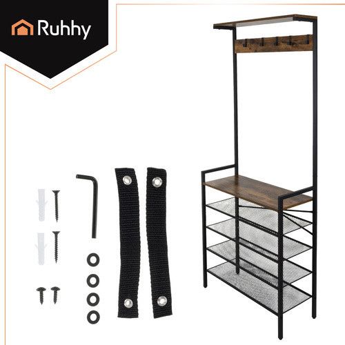 Полиця RUHHY з вішалкою - металевий каркас у стилі лофт - 4 полиці для взуття, кошик і верхня полиця - 5 подвійних гачків - стабіл | Зображення 5
